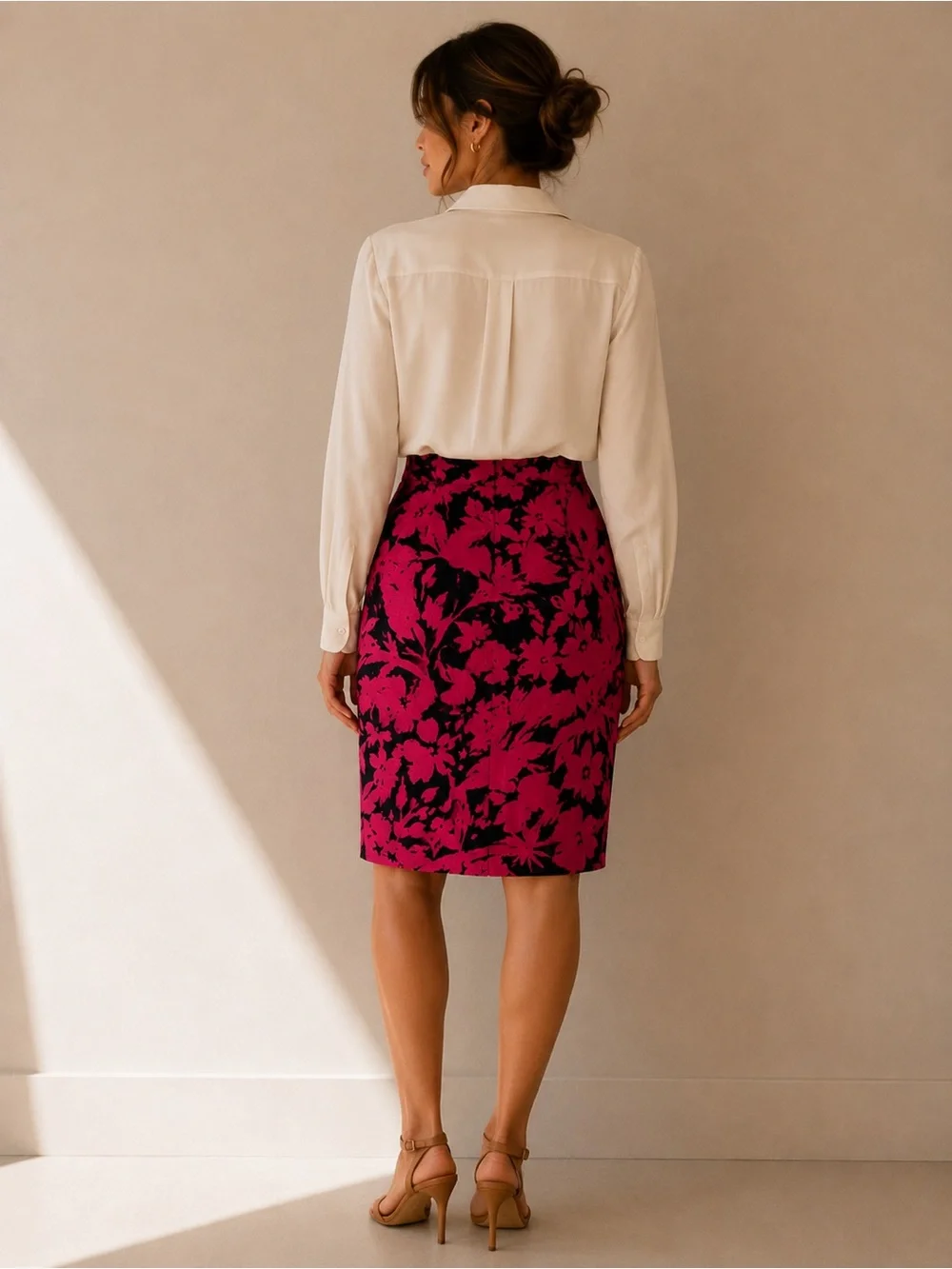 Fuchsia Floral Print Preppy Pencil Skirt Size 10